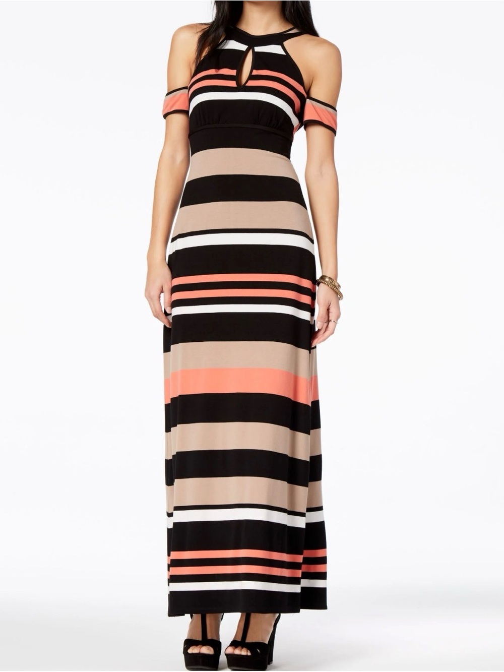 Emerald Sundae Cold-Shoulder Striped Maxi Dress in Black, Coral & Tan